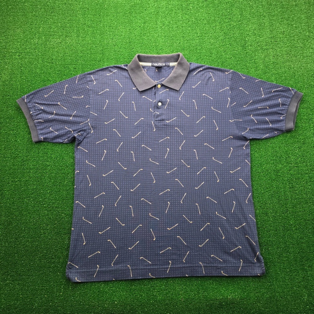 Vintage Nautica Polo Shirt Mens Large L Blue Golf Clubs AOP All Over Print 90s